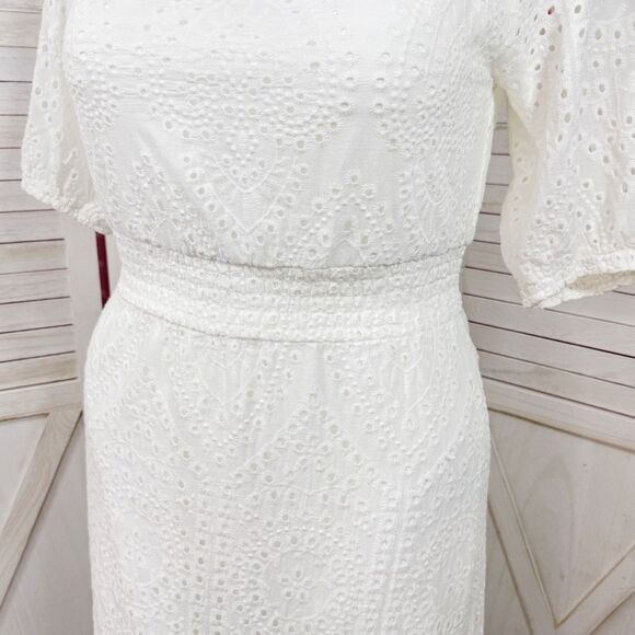 Betsey Johnson Eyelet Off The Shoulder Smocked Waist Midi Dress White Large - Picture 7 of 14